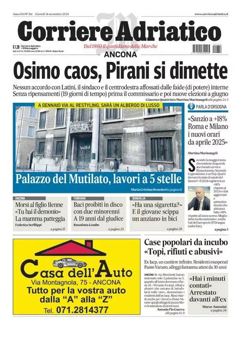 Prima-pagina-corriere adriatico-edizione-di-oggi-14-11-2024